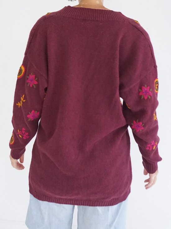 Vintage Studio Michelle Stuart Maroon Cotton Knit Floral V-Neck Sweater M - Picture 3 of 11